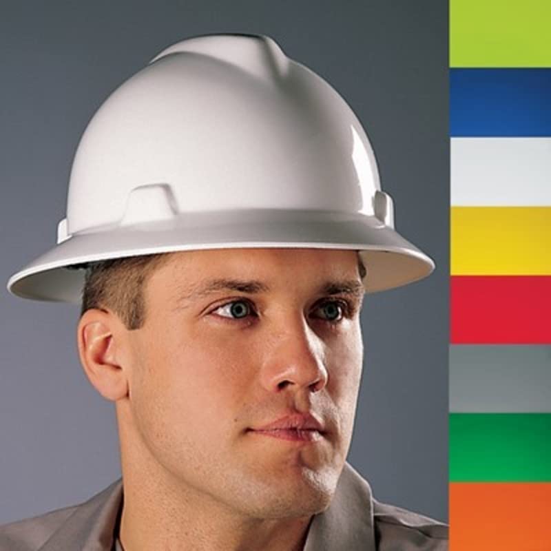 MSA 475369 V-Gard Full-Brim Hard Hat With Fas-Trac III Ratchet Suspension | Polyethylene Shell, Superior Impact Protection, Self Adjusting Crown-Straps - Standard Size in White