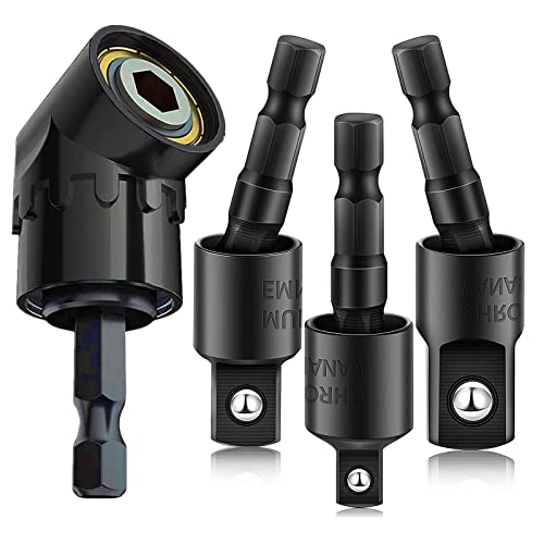 CIGOTU Right Angle Drill Adaptor,4-in-1 Impact Drill Bit Extension,360° Rotatable 1/4 3/8 1/2" Impact Grade Socket Adapter Set,105 Degree Angle Screwdriver Drill Bit for Household Workplace Industry