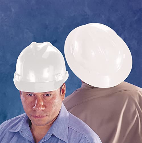 MSA 475369 V-Gard Full-Brim Hard Hat With Fas-Trac III Ratchet Suspension | Polyethylene Shell, Superior Impact Protection, Self Adjusting Crown-Straps - Standard Size in White
