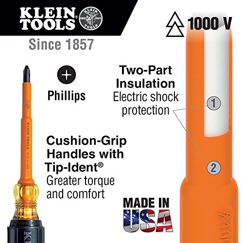 Klein Tools 33532-INS Electrical Insulated Screwdriver Set of 2, 4-Inch Phillips and Cabinet Set, Made in USA