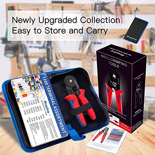 Kit de herramientas de crimpado de virola, Preciva AWG23-7 Juego de herramientas de crimpado de alambre de trinquete autoajustable Juego de alicates de crimpado con 1200 piezas Terminales de cable Conectores de crimpado Virolas de extremo de cable