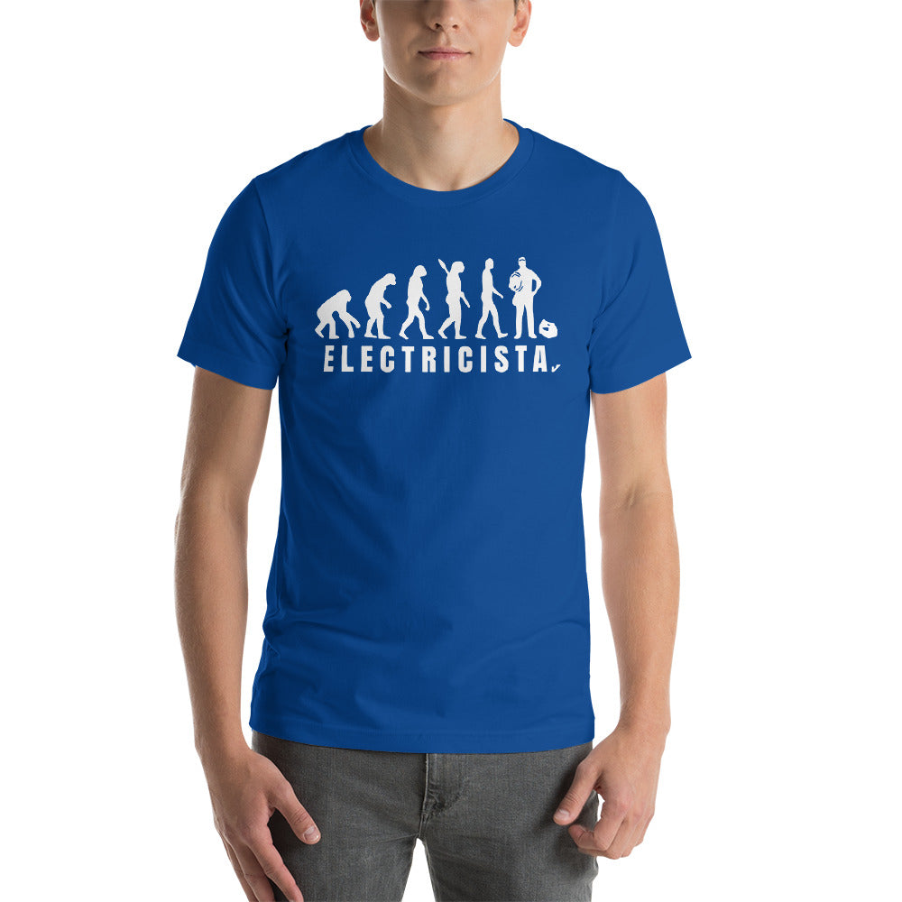 Camiseta unisex de manga corta Evolución del Electricista Letras Blancas