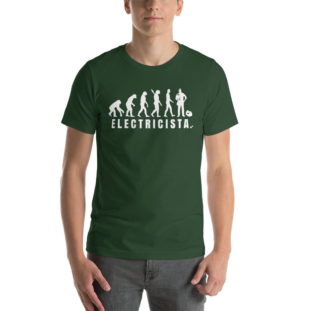 Camiseta unisex de manga corta Evolución del Electricista Letras Blancas