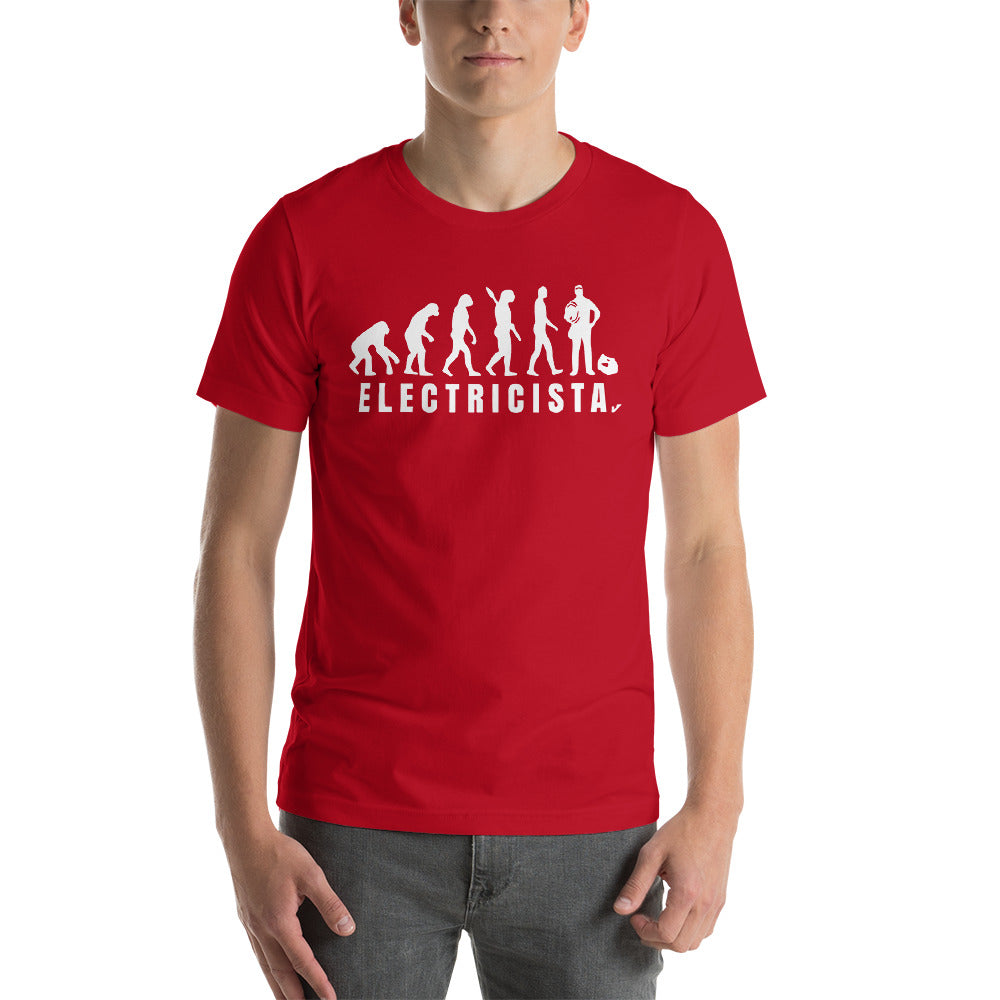 Camiseta unisex de manga corta Evolución del Electricista Letras Blancas