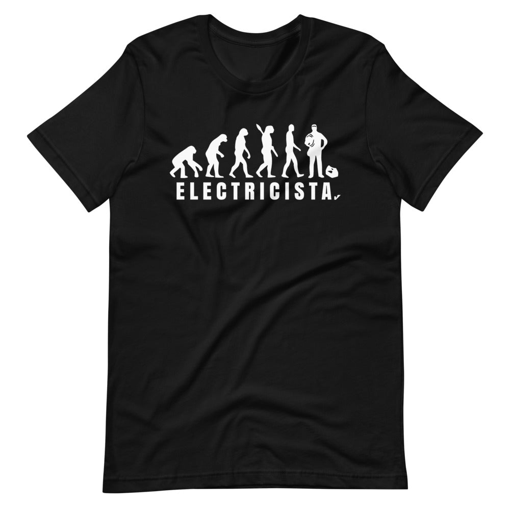 Camiseta unisex de manga corta Evolución del Electricista Letras Blancas