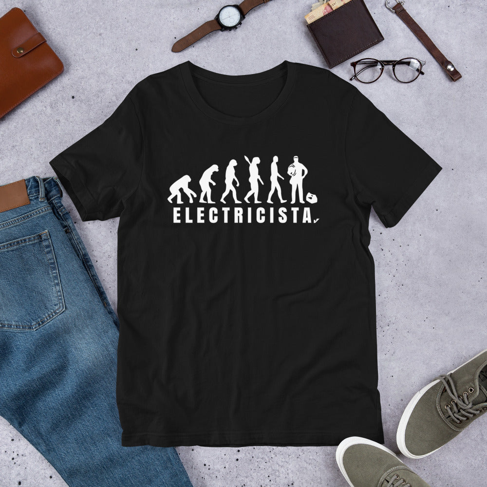 Camiseta unisex de manga corta Evolución del Electricista Letras Blancas