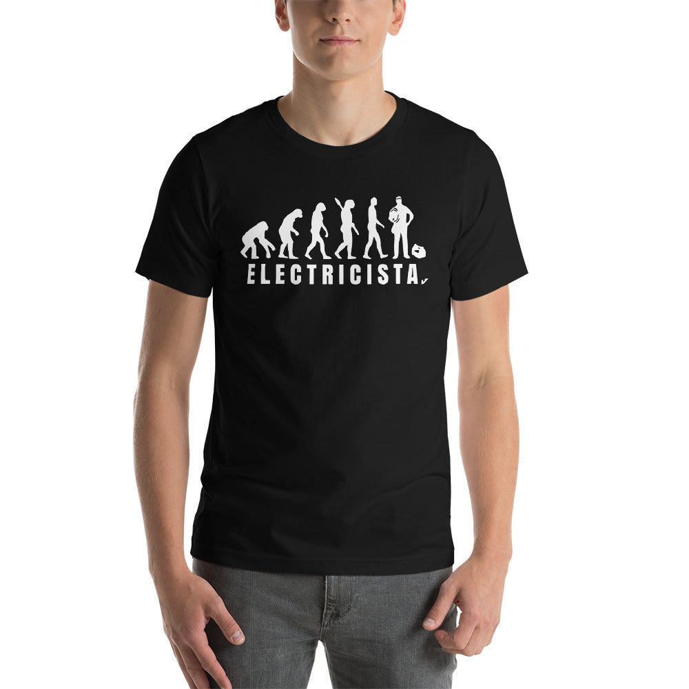 Camiseta unisex de manga corta Evolución del Electricista Letras Blancas