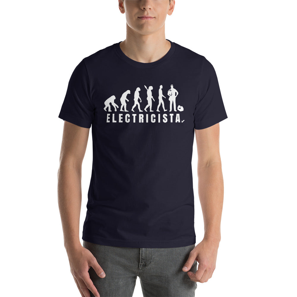 Camiseta unisex de manga corta Evolución del Electricista Letras Blancas