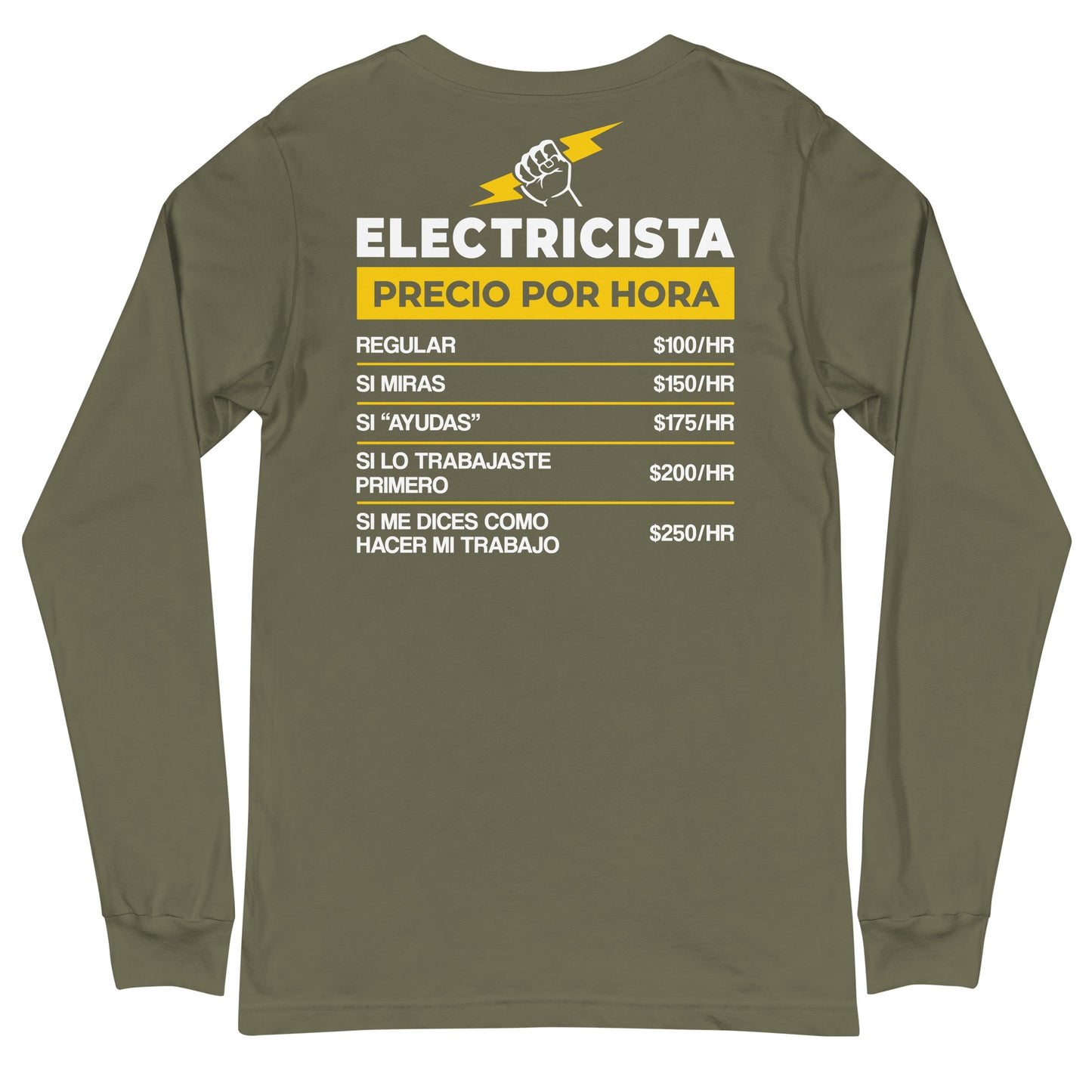 Electrician Hourly Rate Long Sleeve T-Shirt Spanish [BACK]