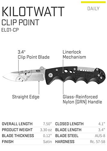 SOG Kilowatt- Electricians Pocket Knife with Wire Stripping Multi-Tool and 3.4 Inch AUS-8 Blade, UTP 10-22G Wire Stripper Knife (EL01-CP)