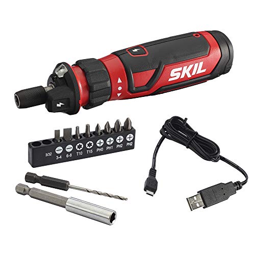 SKIL Rechargeable 4V Cordless Screwdriver with Circuit Sensor Technology, Includes 9pcs Bit, 1pc Bit Holder, USB Charging Cable - SD561201 , Red