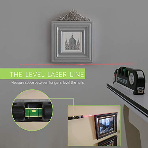 Laser Level, Qooltek Multipurpose Cross Line Laser 8 feet Measure Tape Ruler Adjusted Standard and Metric Rulers for hanging pictures