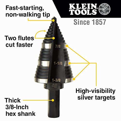 Klein Tools KTSB15 Step Drill Bit #15 Double Fluted 7/8 to 1-3/8-Inch with Easy-to-Read Step Markings and Targets, 3/8-Inch Hex Shank