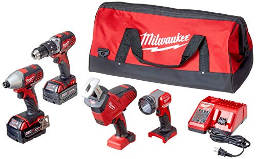 Milwaukee 2695-24 M18 18V Cordless Power Tool Combo Kit with Hammer Drill, Impact Driver, Reciprocating Saw, and Work Light (2 Batteries, Charger, and Tool Case Included)