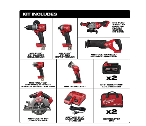 Milwaukee M18 FUEL 18-Volt Lithium-Ion Brushless Cordless Combo Kit with Two 5.0 Ah Batteries, 1 Charger, 2 Tool Bags (7-Tool)