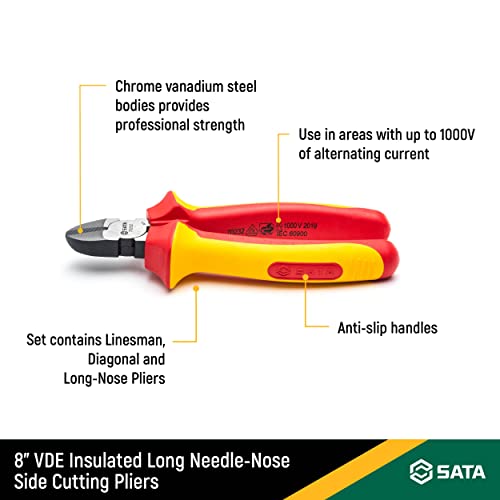 SATA 3-Piece VDE Insulated Pliers Set (8" Linesman, 6" Diagonal and Long-Nose), Durable Chrome Vanadium Steel Bodies - ST09261SJ