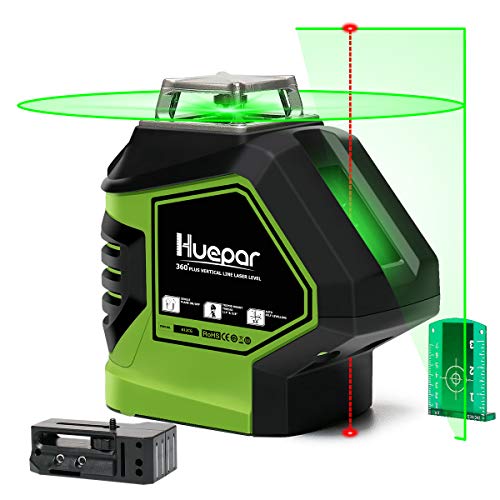 Huepar Self-Leveling Green Laser Level Cross Line with 2 Plumb Dots Laser Tool -360-Degree Horizontal Line Plus Large Fan Angle of Vertical Beam with Up & Down Points -Magnetic Pivoting Base 621CG