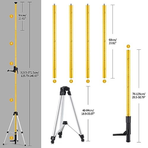 Firecore 12 Ft./3.7M Professional Laser Level Pole with Tripod and 1/4-Inch by 20-Inch Laser Mount for Rotary and Line Lasers, Adjustable Telescoping Laser Pole with 5/8"-11 Threaded Adapter-FLP370C