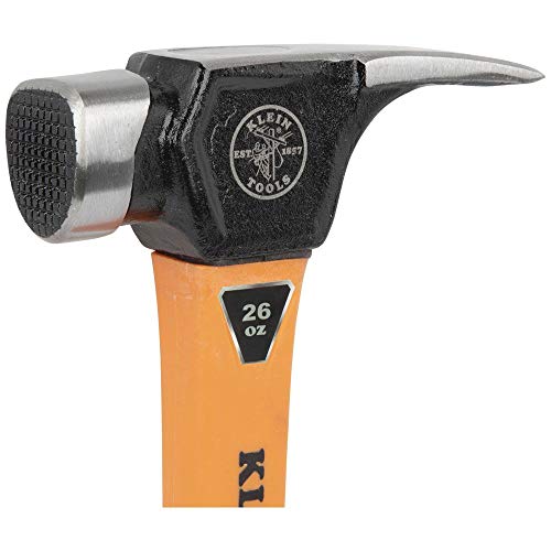 Klein Tools 832-26 Lineman's Claw Milled Hammer, 26-Ounce, Fiberglass Handle, Heavy Duty for Utility Poles, Milled Face, High Visibility Orange