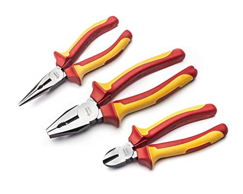 SATA 3-Piece VDE Insulated Pliers Set (8" Linesman, 6" Diagonal and Long-Nose), Durable Chrome Vanadium Steel Bodies - ST09261SJ