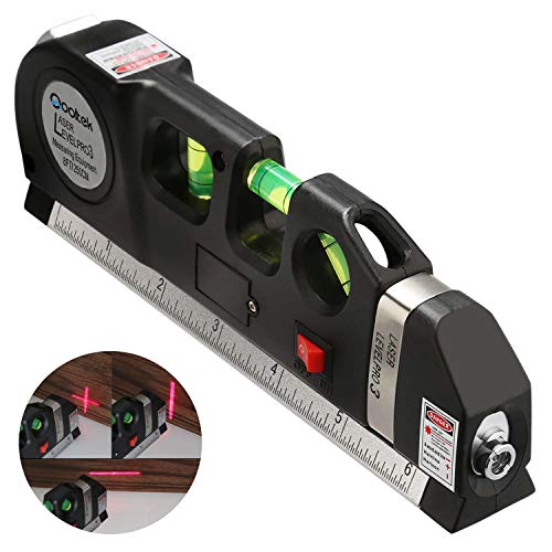 Laser Level, Qooltek Multipurpose Cross Line Laser 8 feet Measure Tape Ruler Adjusted Standard and Metric Rulers for hanging pictures