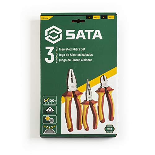 SATA 3-Piece VDE Insulated Pliers Set (8" Linesman, 6" Diagonal and Long-Nose), Durable Chrome Vanadium Steel Bodies - ST09261SJ