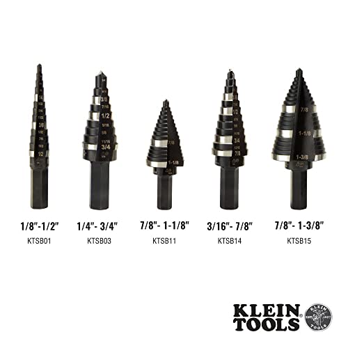 Klein Tools KTSB15 Step Drill Bit #15 Double Fluted 7/8 to 1-3/8-Inch with Easy-to-Read Step Markings and Targets, 3/8-Inch Hex Shank