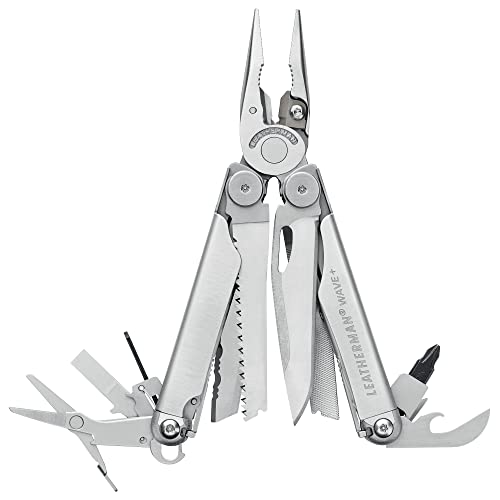 LEATHERMAN, Wave Plus Multiherramienta con cortadores de alambre reemplazables de primera calidad, tijeras de resorte y funda de nailon, acero inoxidable