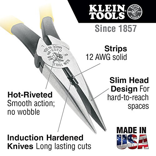 Klein Tools J203-8N Long Nose Side-Cutter Stripping Pliers, Induction Hardened and Heavier For Increased Cutting Power, 8-Inch