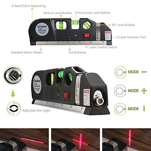 Laser Level, Qooltek Multipurpose Cross Line Laser 8 feet Measure Tape Ruler Adjusted Standard and Metric Rulers for hanging pictures