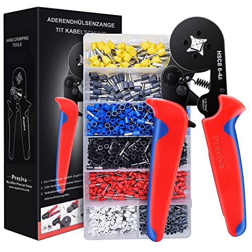 Kit de herramientas de crimpado de virola, Preciva AWG23-7 Juego de herramientas de crimpado de alambre de trinquete autoajustable Juego de alicates de crimpado con 1200 piezas Terminales de cable Conectores de crimpado Virolas de extremo de cable
