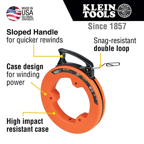 Klein Tools 56331 Fish Tape, Steel Wire Puller with Double Loop Tip, Optimized Housing and Handle, 1/8-Inch x 50-Foot