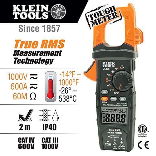 Klein Tools CL800 Digital Clamp Meter, Autoranging TRMS, AC/DC Volt/Current, LoZ, Continuity, Frequency, Capacitance, NCVT, Temp, More 1000V