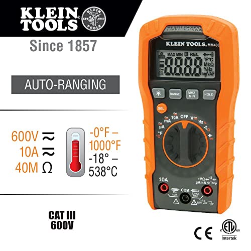 Klein Tools MM400 Multimeter, Digital Auto Ranging, AC/DC Voltage, Current, Capacitance, Frequency, Duty-Cycle, Diode, Continuity, Temp 600V