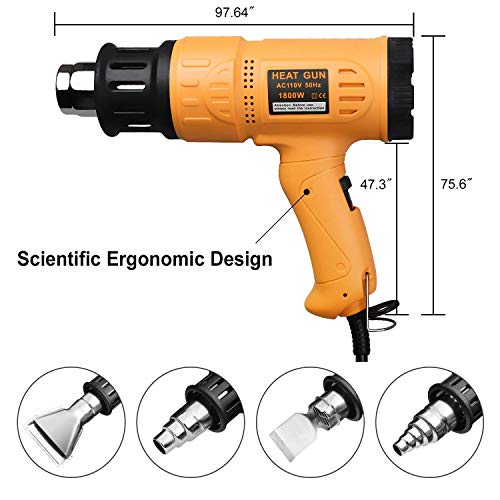 SEEKONE Heat Gun 1800W 122℉~1202℉（50℃- 650℃）Fast Heating Heavy Duty Hot Air Gun Kit Variable Temperature Control Overload Protection with 4 Nozzles for Crafts, Shrinking PVC, Stripping Paint(5.2FT)