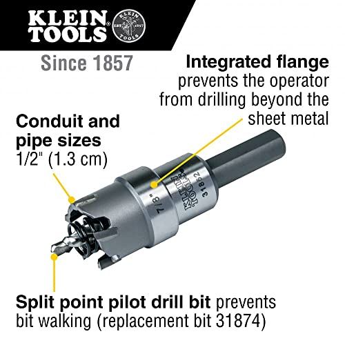 Klein Tools 31852 Heavy Duty Hole Cutter, 7/8-Inch Carbide Hole Cutter Cuts Stainless Steel, Mild Steel, Iron, Copper, Brass