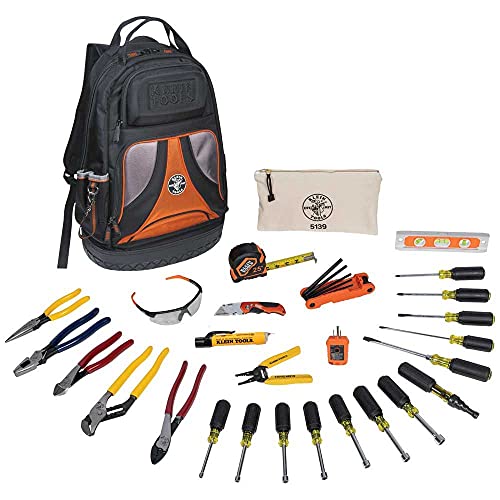 El kit de herramientas manuales Klein Tools 80028 incluye alicates, destornilladores, llaves para tuercas, mochila y más herramientas para el lugar de trabajo, 28 piezas