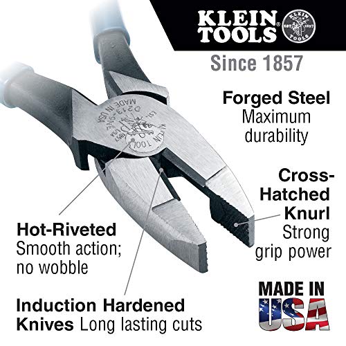 Klein Tools D213-9NE Pliers, 9-Inch Side Cutters, High Leverage Linesman Pliers Cut Copper, Aluminum and other Soft Metals