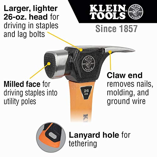 Klein Tools 832-26 Lineman's Claw Milled Hammer, 26-Ounce, Fiberglass Handle, Heavy Duty for Utility Poles, Milled Face, High Visibility Orange