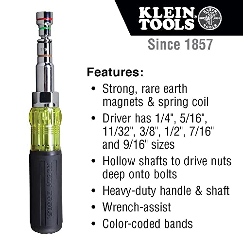 Klein Tools 32807MAG 7-in-1 Nut Driver, Magnetic Driver has SAE Hex Nut Sizes 1/4 to 9/16-Inch, Cushion Grip Handle for Added Torque