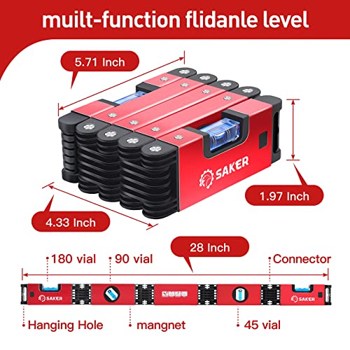 Nivel plegable multifunción Saker, herramientas de carpintería de medición multiángulo de 28 pulgadas, nivelación precisa en cualquier posición, ahorre su valioso tiempo