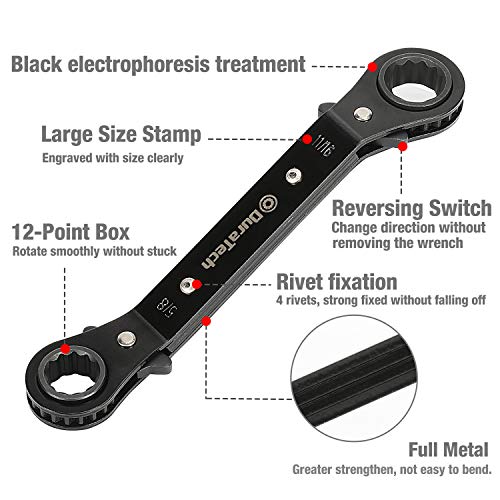 DURATECH 5 Pc Double Offset Box End Reversible Ratcheting Wrench Set, SAE, Heavy-duty, Matte Chrome Plated, Ratchet Spanner Crooked for Narrow Spaces (1/4-7/8 inch)