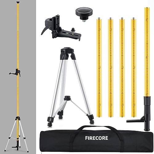 Firecore 12 Ft./3.7M Professional Laser Level Pole with Tripod and 1/4-Inch by 20-Inch Laser Mount for Rotary and Line Lasers, Adjustable Telescoping Laser Pole with 5/8"-11 Threaded Adapter-FLP370C