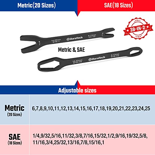 DURATECH Universal Wrench Set, Multi-functional Wrench Set, SAE & Metric, 1/4”-1”& 6-25mm, 38 sizes in 2 Piece, for Home and Car Repair