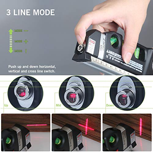 Laser Level, Qooltek Multipurpose Cross Line Laser 8 feet Measure Tape Ruler Adjusted Standard and Metric Rulers for hanging pictures