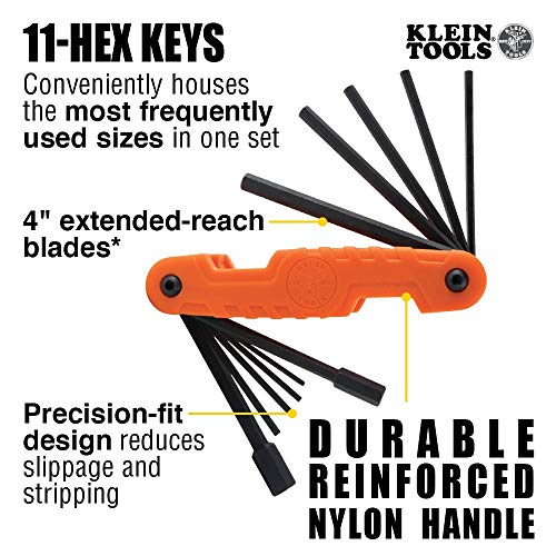 Klein Tools 70550 Hex Wrench Key Set, 11 SAE Sizes, Heavy Duty Folding Allen Wrench Tool with Extra Long Hex Keys