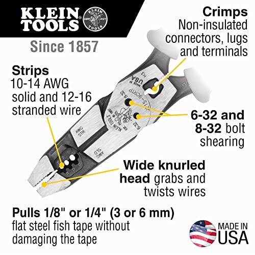 Klein Tools J2159CRTP Side Cutting Pliers, 9-Inch Journeyman High Leverage Hybrid Pliers with Crimper, Fish Tape Puller and Wire Stripper