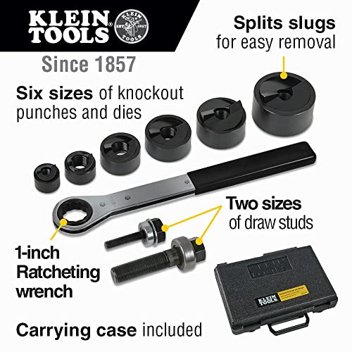 Klein Tools 53732SEN Punch Set, Knockout Punch Set Punch Down Tools with Ratcheting Wrench for 10 gauge Mild Steel, Fiberglass and Plastic