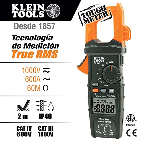 Klein Tools CL600 Electrical Tester, Digital Clamp Meter has Autorange TRMS, Measures AC Current, AC/DC Volts, Resistance, NCVT, More, 1000V